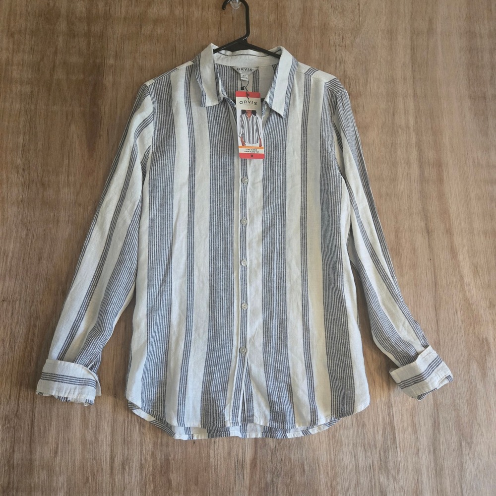 Orvis Classic Collection Linen Blend Striped Long Sleeve Button Down Top Med NWT
